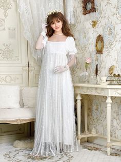 Romantic Regency Era White Lace Wedding Dress - Empire Waist Ball Gown Plus Size - WonderlandByLilian Empire Waist Ball Gown, Ball Gown Plus Size, Simple Satin Wedding Dress, Empire Waist Wedding Dress, Nontraditional Wedding Dress, Wedding Dresses High Low, Champagne Evening Dress, Regency Era Fashion, Fairy Wedding Dress