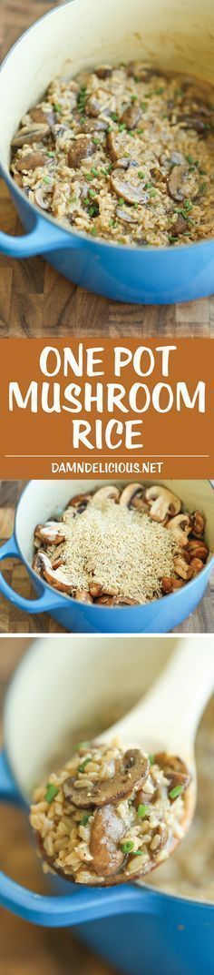 one pot mushroom rice in a blue casserole dish on a wooden table with text overlay