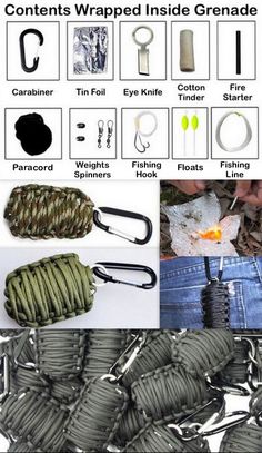 the contents of an outdoor survival kit are shown in this graphic above, and below