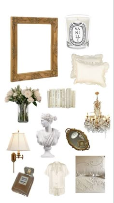 a collage of white and gold items including a mirror, lamp, vase with flowers