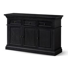 the sideboard is black and has two doors on one side, and three drawers on the