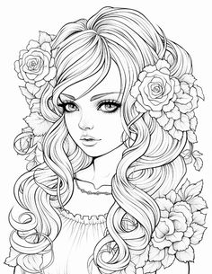 a girl with long hair and flowers on her head, in the middle of a coloring page