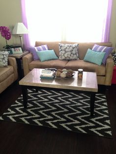 a living room with two couches and a coffee table in front of a window