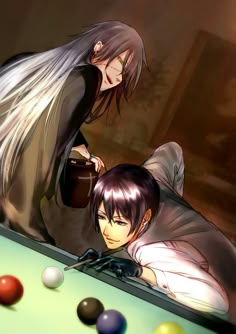 two anime characters are playing pool together