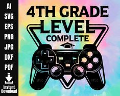 a video game controller with the words 4th grade level complete in black on a colorful background