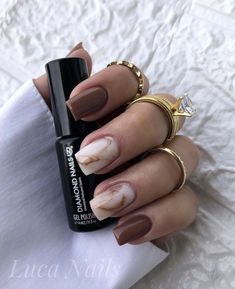 Brown Nails Autumn, Autumn Nails Brown, Brown Marble Nails, Brown Acrylic Nails, Brown Nail, Brown Nails Design, Fall Gel Nails, Pink Gel