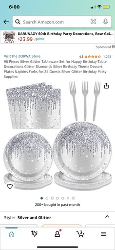 an image of a birthday party set with silver and glitter decorations on the front, along with other items