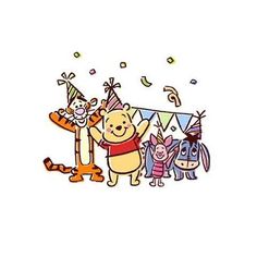 winnie the pooh birthday party scene with balloons and streamers on white paper background