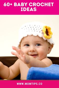 a baby wearing a white crochet hat with a yellow flower on it