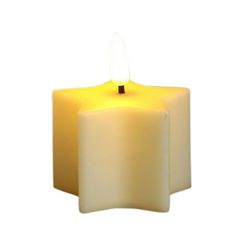 a white candle with a yellow light on the top and bottom, in front of a white background