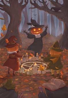 two little kids dressed up as witches in the woods with pumpkins and an open book