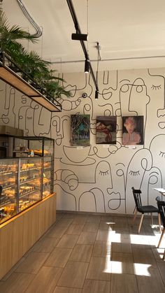 cafe aesthet coffee Small Cafes Ideas, Cafeteria Mural Ideas, Aesthetic Cafe Design Interior, Small Cafe Ideas Interior, Local Cafe Aesthetic, Cafe Interior Wall Design, Aesthetic Cafe Interior Design, Cozy Cafe Ideas, Cafe Ideas Design Interiors