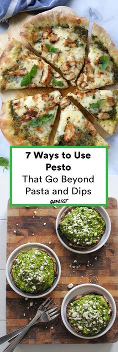 four pizzas with pesto on them and the words 7 ways to use pesto that go beyond pasta and dips