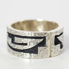 Sterling Silver Ring with Hopi Overlaid Rain Cloud Designs and a Textured Finish. Ring Size: 6.5 .375” Band Width Bola Tie, Cloud Ring, Tufa Casting, Zuni Jewelry, Navajo Rugs, Rain Cloud, Concho Belt, Clouds Design, Navajo Jewelry