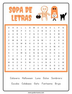 the spanish halloween word search is shown with an orange and white background, which reads sopa de letras