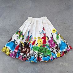 Gorgeous Hand-Painted Mexican Skirt! Ivory Cotton With Multi-Colored Scenic Novelty Print. The Colors Are Bold And Rich. There's A Side Snap And Button Closure. There's A Little Seam Stress At The Base Of The Side Opening, But Otherwise This Is In Fantastic Condition. The Waist Is 23", No Stretch. 23.5" Long, With 2.25" Additional Hem That Can Be Let Out If Desired. Full Circle Sweep. Amazing Piece! (G5) Mexican Skirt, Mexican Skirts, Square Skirt, Clown Core, 70s Jacket, Denim Wrap Skirt, 1960 Dress, Side Snap, Vintage Skirts