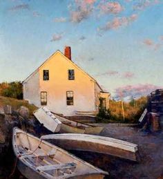 a painting of two boats in front of a house