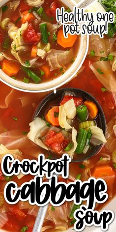 two bowls of crockpot cabbage soup with carrots and celery