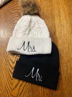 Mr. and Mrs. Embroidered Beanies Couples Knit Hats Wedding Gift Honeymoon Newlywed Anniversary Gift Ski Snowboard Warm Winter Hats Matching The skull caps are 100% acrylic and have a 3 inch folding cuff, these do NOT come with pom pom Faux Fur Pom Pom Toque * Acrylic * Cuff Toque (Faux Fur Pom Pom 12cm * Jacquard cable knit High Quality Embroidered Beanies: Embroidered in London, ON. Unisex: Perfect For Both Men and Women. Lightweight. 100% Acrylic. Cozy Fit: Soft and Warm Material. One Size. RE Leather Wedding Gifts, Christmas Monogram Shirt, Embroidered Beanies, Winter Holiday Party, Snowman Shirt, Mr Und Mrs, Honeymoon Gifts, Leather Wedding, Christmas Monogram