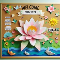 a bulletin board with paper flowers and birds on it that reads welcome summer, treehutin