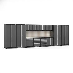 an image of a garage storage unit with doors and drawers on one side, closed to the