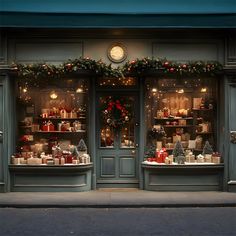 a store front with christmas decorations and presents in the window displays lights garlands and wreaths