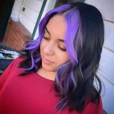 Plum Hair Money Piece, Black Hair Lavender Money Piece, Black Hair Colored Money Piece, Hair Dye Purple Highlights, Black Hair With Color Money Piece, Purple Hair Lavender Money Piece, Dyed Framing Pieces Hair, Split Dyed Hair Front Pieces