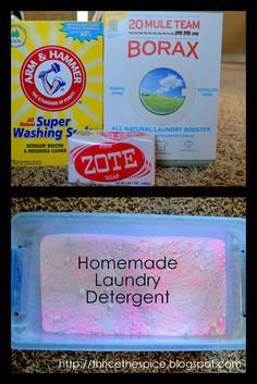 the ingredients needed to make homemade laundry detergents are shown in this collage