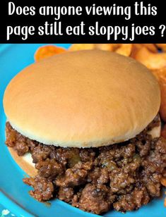 a blue plate topped with a sloppy joe sandwich