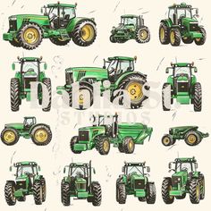 the green tractors are all different sizes and colors