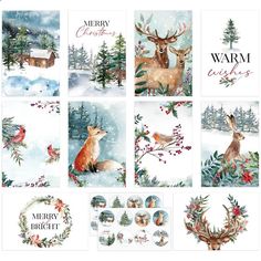 christmas cards with watercolor deer and pine trees