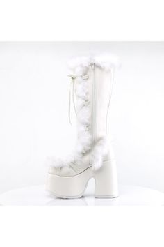 5" Platform Goth Punk Gogo Faux Fur Knee Boot - Fit Guide: True to Size - Heel Height: 5" Heel, 3" Platform - Brand: Demonia - Shown in Women's Sizes - Country of Origin: Imported Punk Style Synthetic Winter Boots, Winter Platform Boots For Cosplay, Halloween Synthetic Boots, White Synthetic Platform Boots For Winter, Edgy White Winter Boots, Leather Knee Boots, Knee Boot, Goth Punk, Long Boots