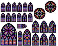 a set of stained glass windows with different shapes and sizes