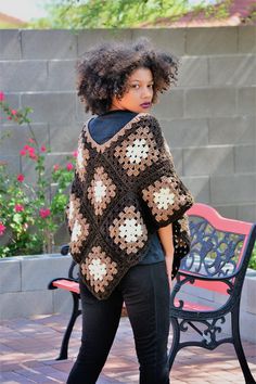 I crafted this beautiful Afghan Poncho, crochet ombre Granny square wrap, Bohemian  poncho, festive earth tones shawl with simplicity, elegance and functionality in mind. The earth tones make it a perfect wear for all seasons, and any occasion it is needed. The size is one size fits small, medium and large. If an extra large or XXL is needed, then a custom order request will be needed. COLOR(s): Earth tones, Brown, latte, cream/ Ombre brown MATERIAL: 100% Acrylic yarn CARE: Machine washable and Granny Square Shawl, Crochet Beach Wear, Boho Poncho, Winter Crochet, Ladies Poncho, Brown Ombre, Crochet Poncho, Crochet Cardigan, Crochet Fashion