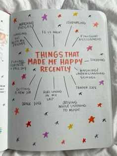 an open notebook with writing on it that says things that made me happy recently,