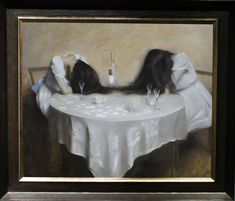 a painting of two dogs sitting at a table