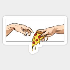 two hands reaching for a piece of pizza