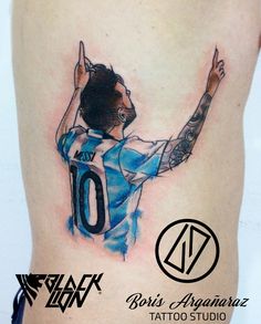 a tattoo with a soccer player on it's leg and the number 10 in front of him