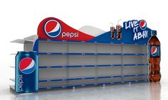 an empty pepsi cola display with two soda cans next to it and a pepsi can on the shelf