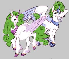 two green and white unicorns with wings on their backs, one is holding the other's tail