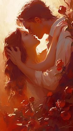 a painting of two people embracing each other with roses in the foreground and sun behind them