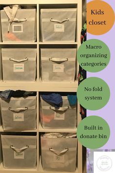 the organized closet is filled with plastic bins and labeled labels to help kids learn how to organize