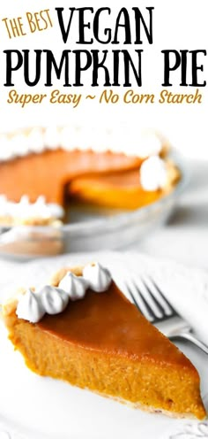 a slice of vegan pumpkin pie on a white plate