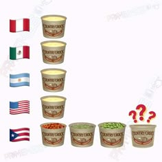 several cups with different foods in them and one has question marks on the side,