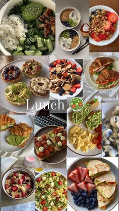 a collage of pictures with different foods and vegetables in them, including breads, salads, fruit, and more