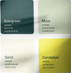 four different shades of green, yellow and white with the names of each brand on them