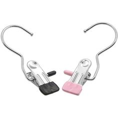 two metal hooks with pink handles on them