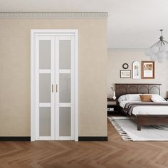 a bedroom with a bed, dresser and two doors leading to another room that has wood flooring