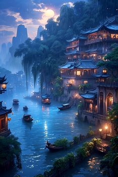 Fantasy Water City, Chinese Kingdom, Castle House Design, City By The Sea, Dreamy Artwork, My Fantasy World, Deep Art, Anime Backgrounds Wallpapers