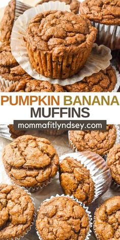 pumpkin banana muffins stacked on top of each other with the title above it